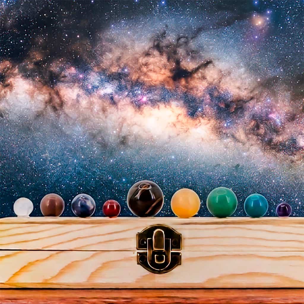 Pack Sistema Solar de Minerales – 9 Esferas Planetarias encima caja