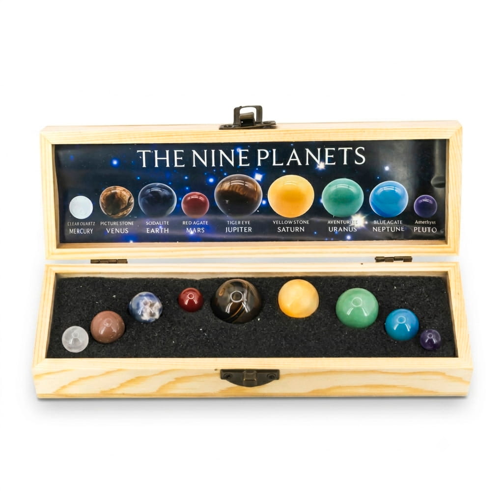 Pack Sistema Solar de Minerales – 9 Esferas Planetarias caja abierta