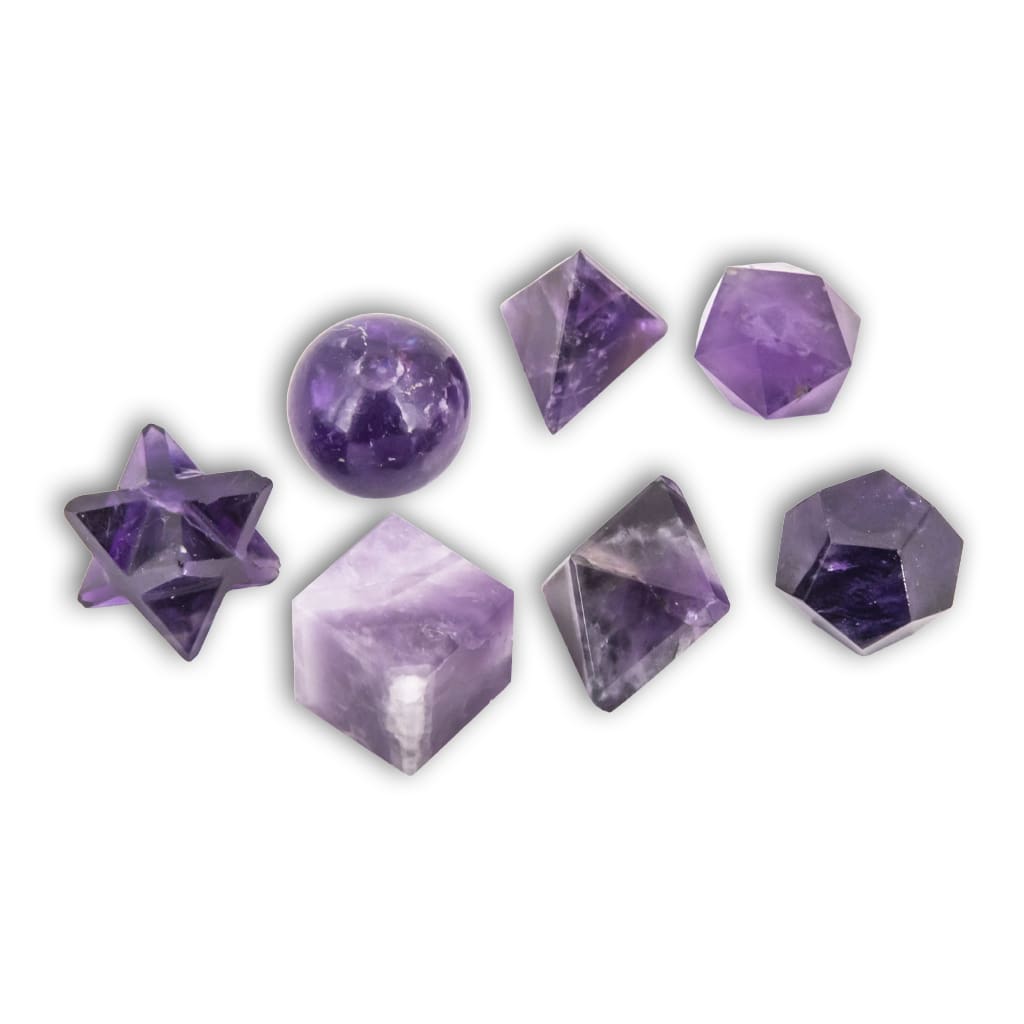 Colección de 7 Sólidos Platónicos de Amatista con estuche