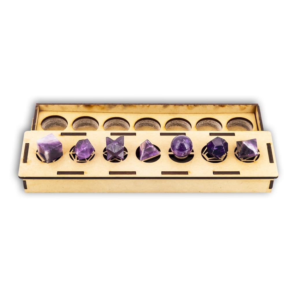 Colección de 7 Sólidos Platónicos de Amatista con estuche caja