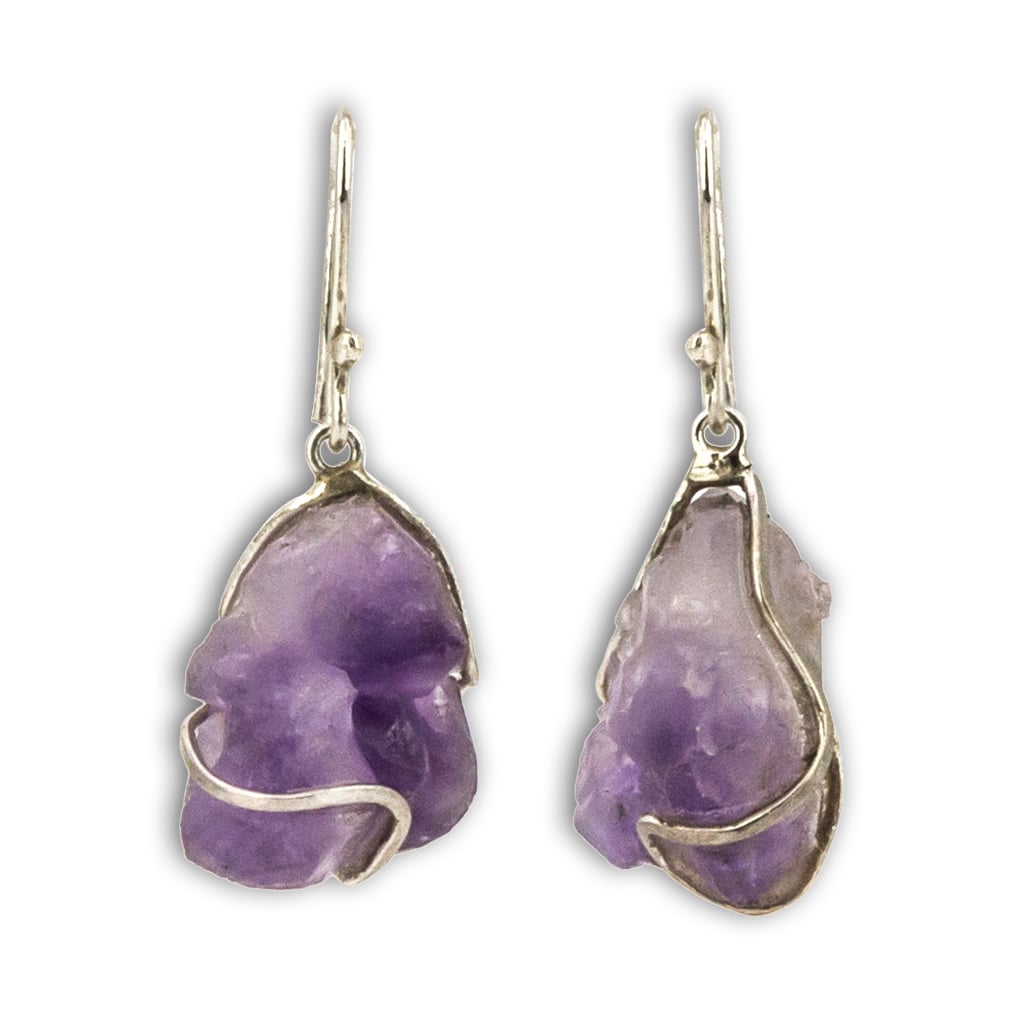 Pendiente de Amatista en bruto en Plata grnde