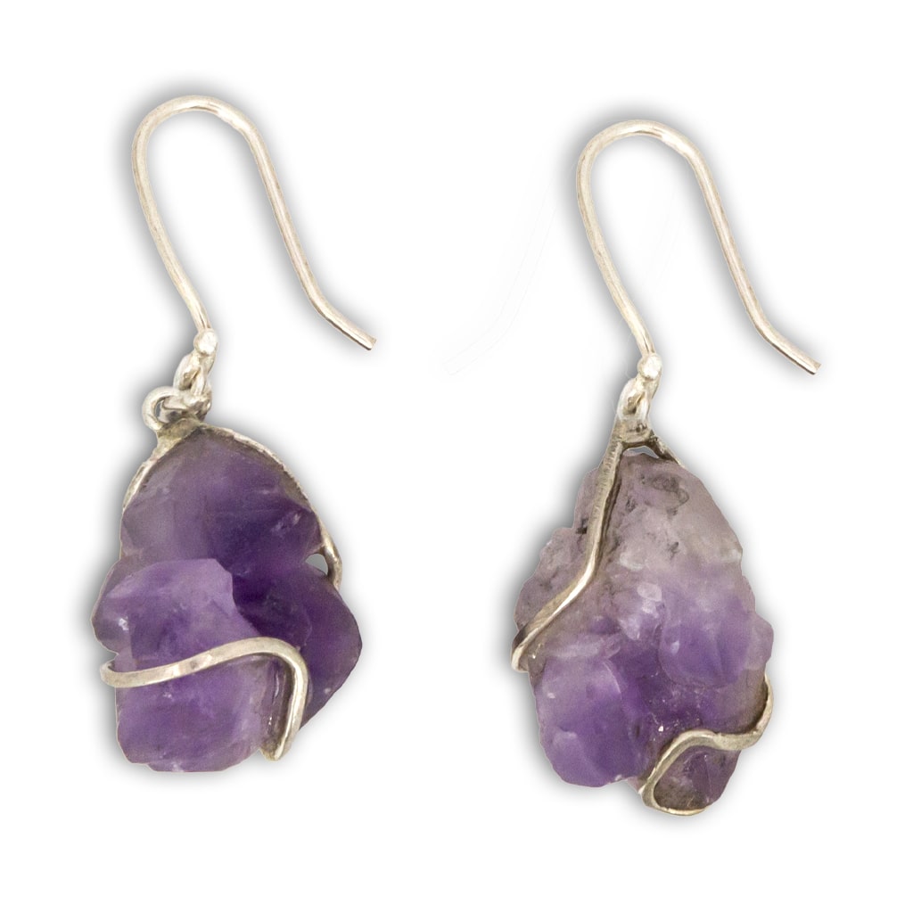 Pendiente de Amatista en bruto en Plata