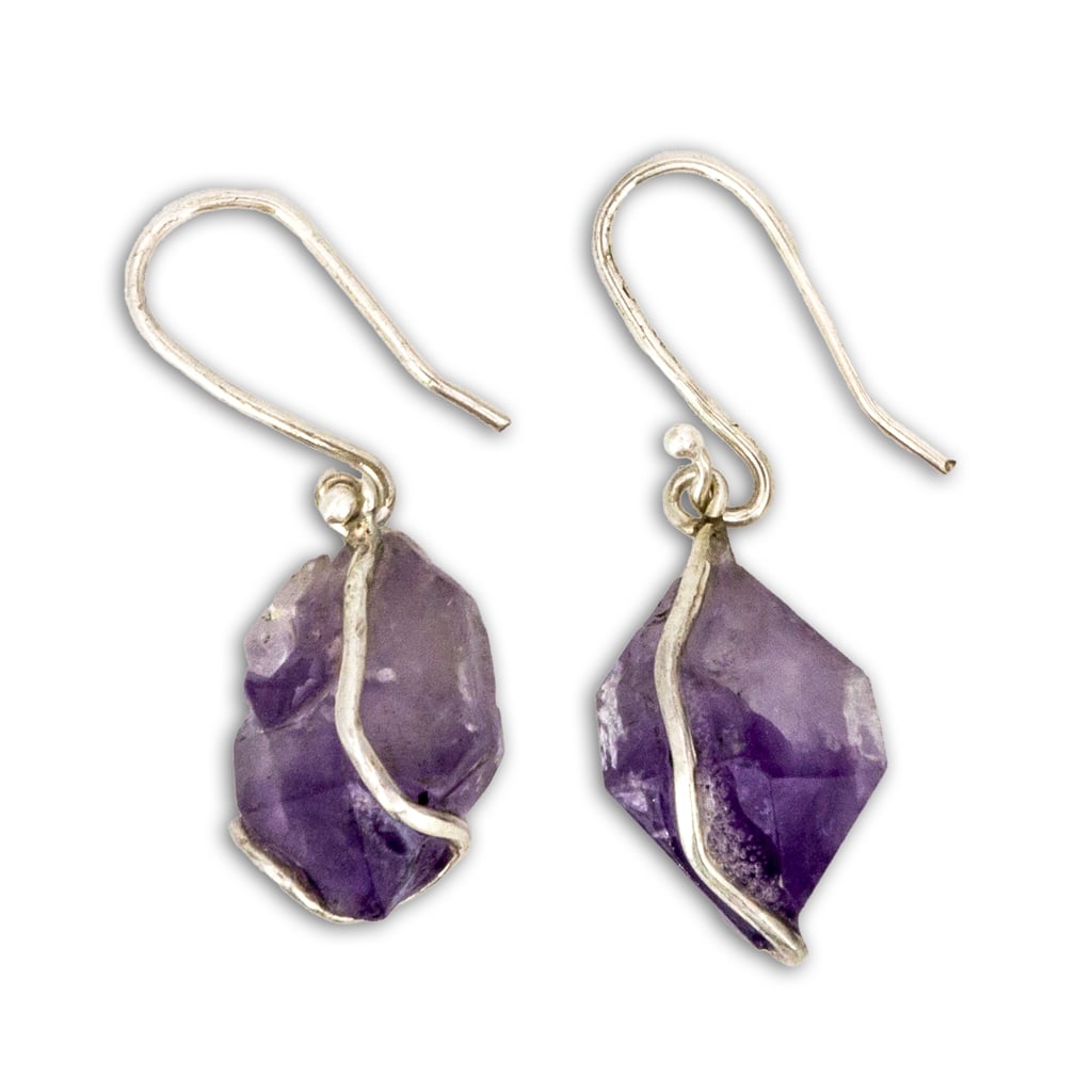 Pendiente de Amatista en bruto en Plata